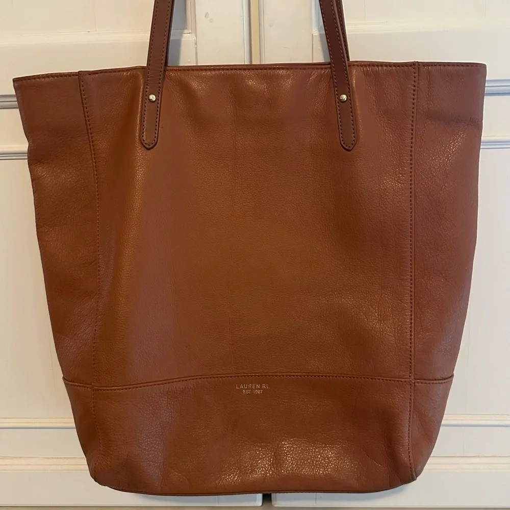 Lauren Ralph Lauren Chestnut Pebbled Leather Shoulder Tote Bag - Picture 2 of 15